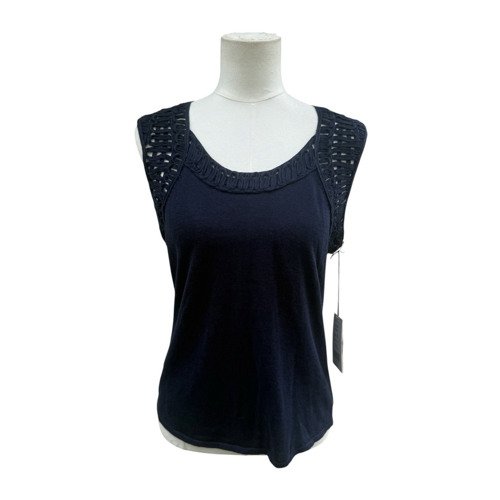 Etcetera Navy Linen Blend Sweater Tank Top M NWT Open Knit Trim Sleeveless Shell